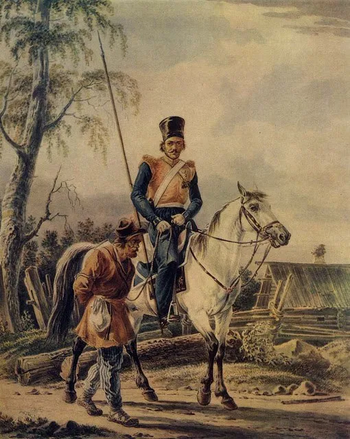  Александр Орловский. «Верховой казак, конвоирующий крестьянина в народное ополчение по случаю войны 1812 года». 1820-е гг.