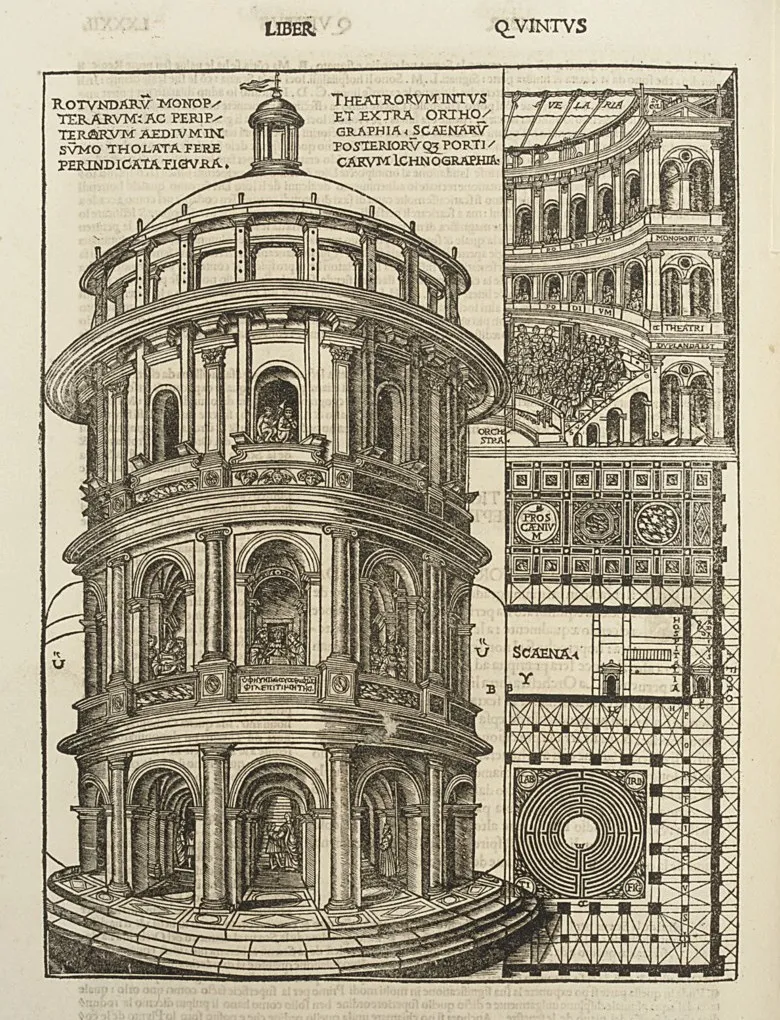 Иллюстрация из книги Витрувия. Это скорее барочная (в стиле Пизанской башни), чем античная постройка.